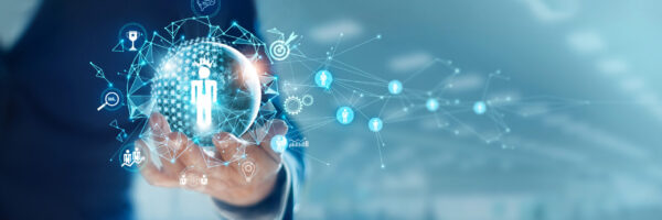 Businessman hold circle of network structure HR - Human resources. Business leadership concept. Management and recruitment. Social network. Different people.